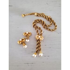 Vintage Mid-Century Bow-Tie Lariat Chain Necklace and Earring Set